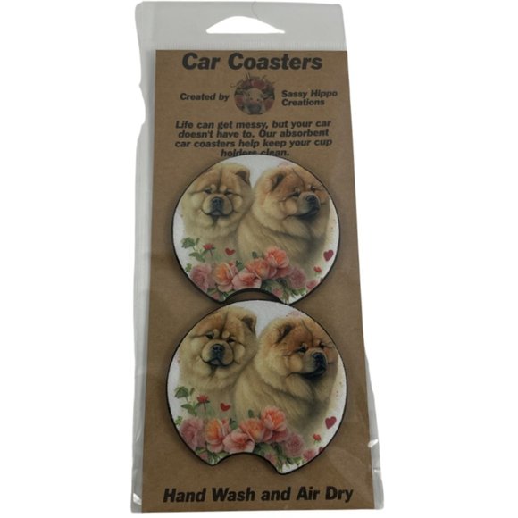 Car Coasters Chow Chow Dog Life Roses Set of 2 Neoprene Absorbent Sassy Hippo - Picture 1 of 9